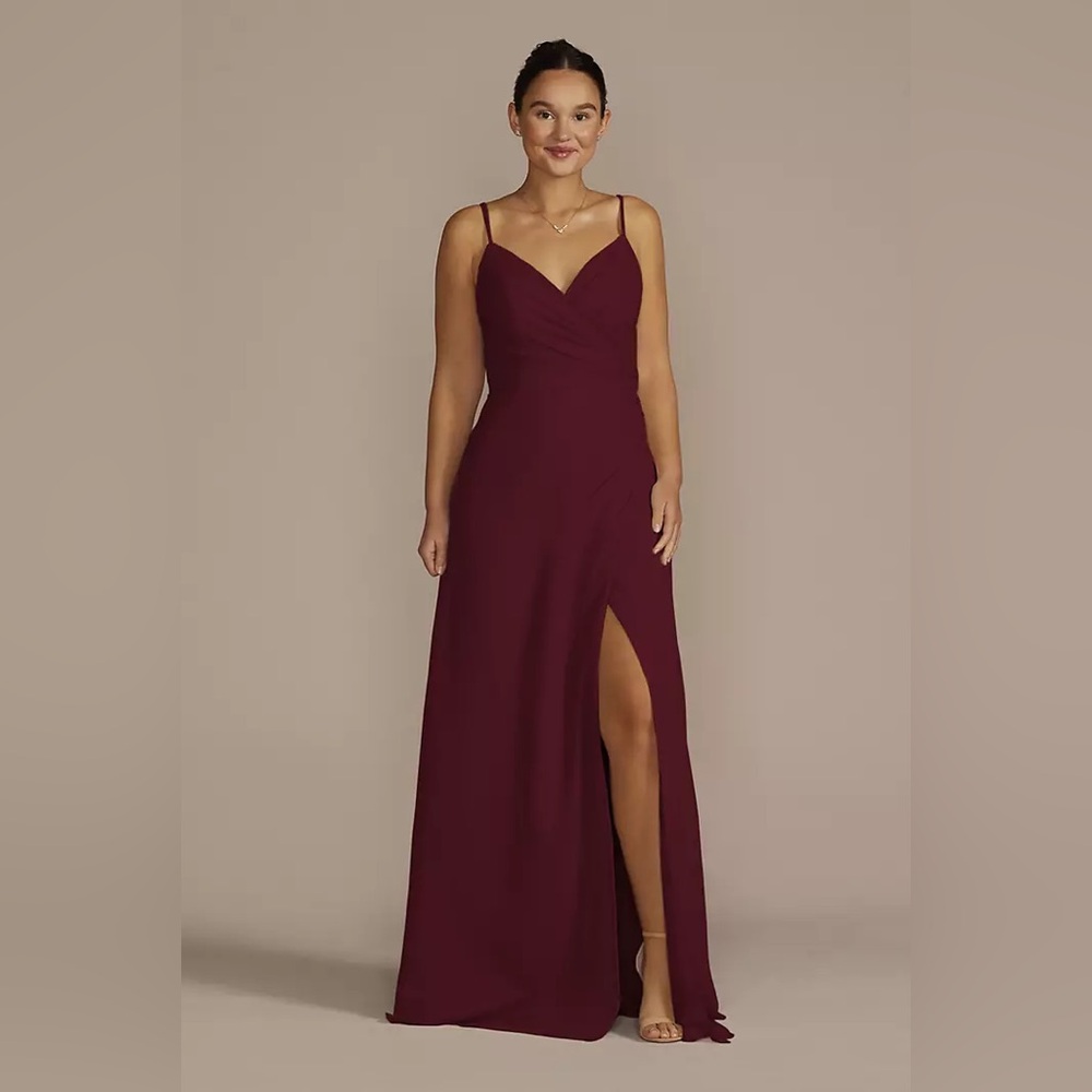 Crinkle Chiffon Spaghetti Strap Bridesmaid Dress in Wine
